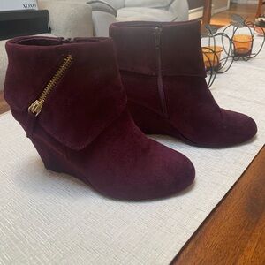 Burgundy Suede Ankle Boots with Gold Zipper